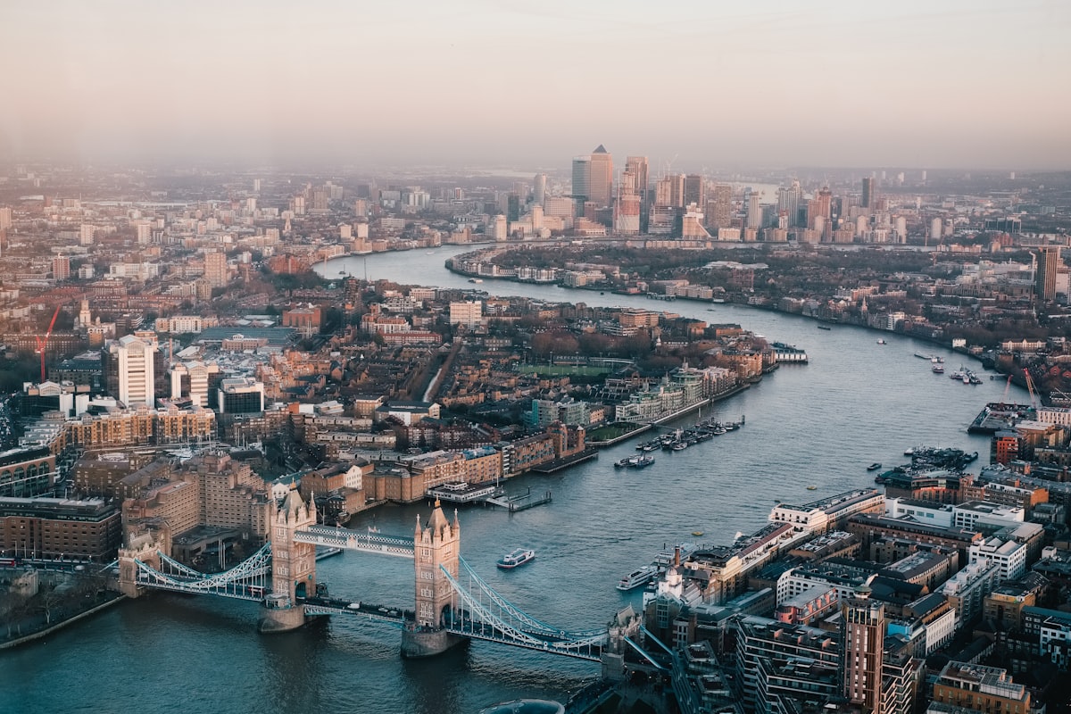 London aerial view showing Tower Bridge and the Thames